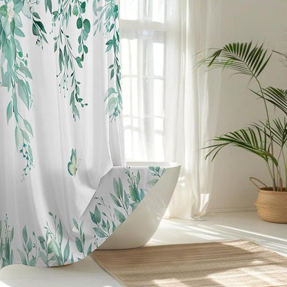 No Hook Shower Curtain and Liner Set, Teal Eucalyptus Floral Shower Curtains for Bathroom, Bath Curtain Sets with Snap in Liner, Waterproof with See Through Top Window, 71x84 Inches