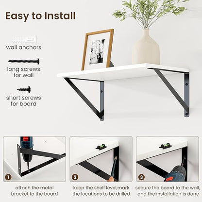 Fun Memories Deep Floating Shelves for Wall, 16W x 8D Wall Mounted Shelves Set of 2, Wide Display Ledge Shelf with Sturdy Metal Brackets for Living Room, Bathroom, Bedroom and Kitchen, White