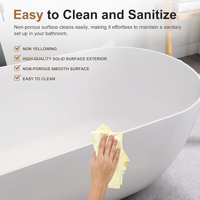 SJ STAR&JANE 51" Solid Surface Freestanding Bathtub, Matte White Oval Soaking Stone Resin Tub with Overflow and Pop-up Drain for Modern Bathrooms