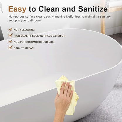 SJ STAR&JANE 51" Solid Surface Freestanding Bathtub, Matte White Oval Soaking Stone Resin Tub with Overflow and Pop-up Drain for Modern Bathrooms