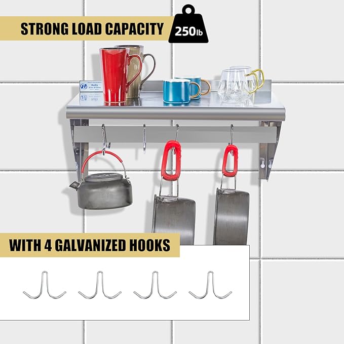 Hally Stainless Steel Shelf with 4 Hooks 14" x 24" Wall Mounted Pot Rack 250lb, NSF Commercial Floating Shelving for Storage Hanging Pots, Pans, cookware in Restaurant, Kitchen, Home and Hotel