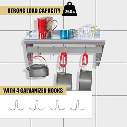 Hally Stainless Steel Shelf with 4 Hooks 14" x 24" Wall Mounted Pot Rack 250lb, NSF Commercial Floating Shelving for Storage Hanging Pots, Pans, cookware in Restaurant, Kitchen, Home and Hotel