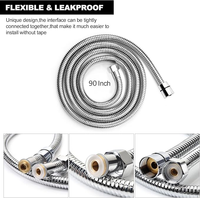Shower Hose Extra Long 90 Inches Brushed Chrome Handheld Shower Head Hose with Brass Insert and Nut - Lightweight and Flexible