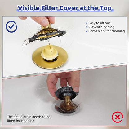 Metal 2 Pack Bathtub Drain Stopper with Top Hair Catcher, 3 in 1 Pop-up Bathtub Strainer, Tub Stopper with Detachable Stainless Steel Filter Basket for Standard 1.5 to 2.4'' Drain, Brushed Gold