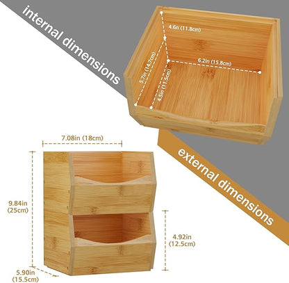 2 Set Open Front Small Stackable Storage Bins, Bamboo Stacking Storage Bins Snack Tea Bags Fruits Spices Countertop Storage, Rustic Organizer Bins for Pantry, Kitchen, Office, Bedroom (Small Natural)