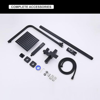 Outdoor Shower Kit, Solid Metal Tangular Outdoor Shower Faucet Fixtures with 8" Rainfall Showerhead with Handheld Sprayer Matte Black