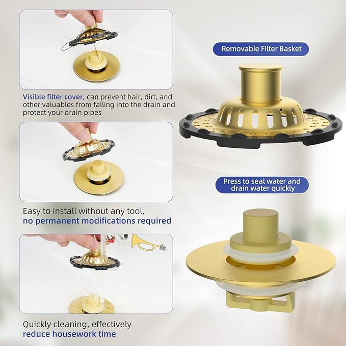 Universal Bathtub Drain Stopper Shower Drain Hair Catcher, Tub Stopper with Visible Top Strainer, Upgraded 3 in 1 Pop-up Drain Plug Fit for 1.5 to 2.4" Hole, Stainless Filter Basket, Brushed Gold