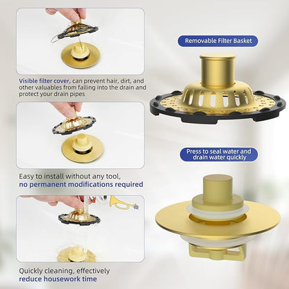 Universal Bathtub Drain Stopper Shower Drain Hair Catcher, Tub Stopper with Visible Top Strainer, Upgraded 3 in 1 Pop-up Drain Plug Fit for 1.5 to 2.4" Hole, Stainless Filter Basket, Brushed Gold
