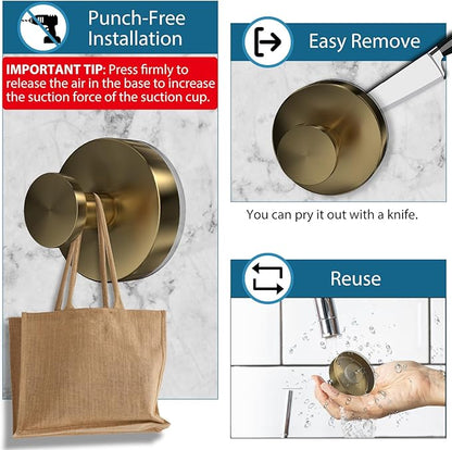 Suction Cup Hooks for Shower, 4 PCS No-Drill Towel Holder for Bathrooms Wall, Glass Door, Mirror, Tiles, Kitchen, Hold Robe & Wreath, Hanging up to 15 lbs – Waterproof & Rustproof, Loofah-Gold