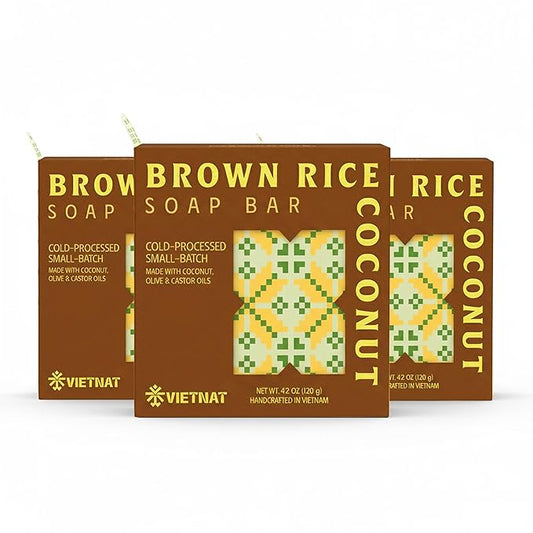 Brown Rice & Coconut Soap Bar (Pack of 3) – 2-in-1 Exfoliating & Nourishing, Cold Process Handmade Soap with Rice Bran & Coconut Milk, Gentle Daily Body Bar