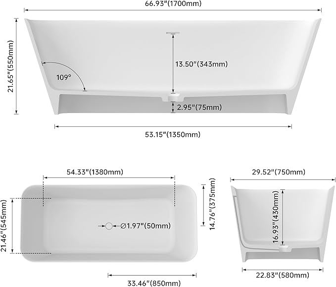 Stone Resin Freestanding Bathtub 67 ", Elegant Oval Shape Soaking Tub, Solid Surface Stand Alone Bathtub with Drain & Integrated Slotted Overflow Matte White AMFS340-1700