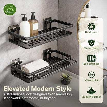 Shower Caddy Adhesive 2Pack with Hooks and Rod for Towels Black-Premium Bathroom Shower Shelves Shampoo Organizer Rack Storage Bathtub Shelf Rustproof Easy Installation Sturdy Build Sleek Modern Look