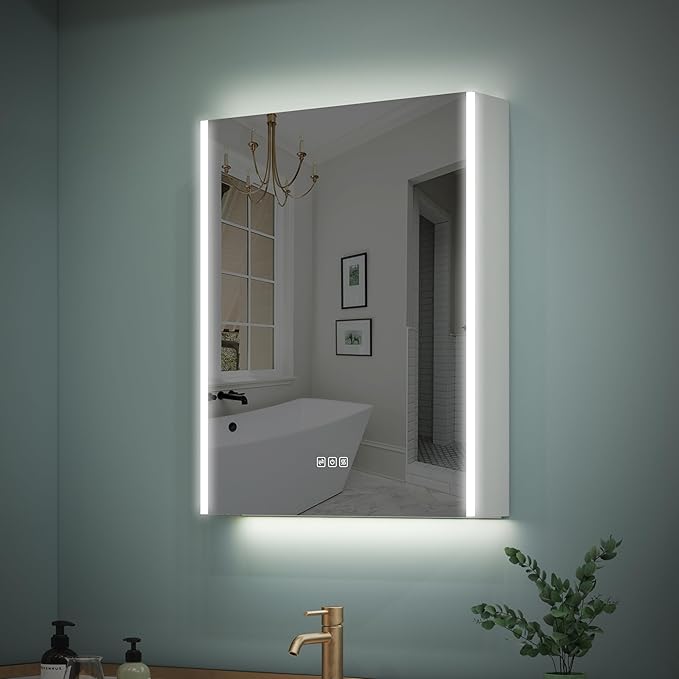 WELLFOR 24" x 30" LED Mirrored Bathroom Cabinet, Mirror Medicine Cabinet with Lights, Defogging LED Mirror Cabinet with Outlets & USB Ports, Surface Mounted, Left Opening Door, Hardwired Connected