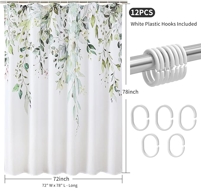 Colorful Star Sage Green Eucalyptus Waterproof Shower Curtain Set with Hooks, Minimalist Watercolor Floral Print Bathroom Décor, Plant Leaves Washable Fabric Shower Curtain, 72 x 78 Inch