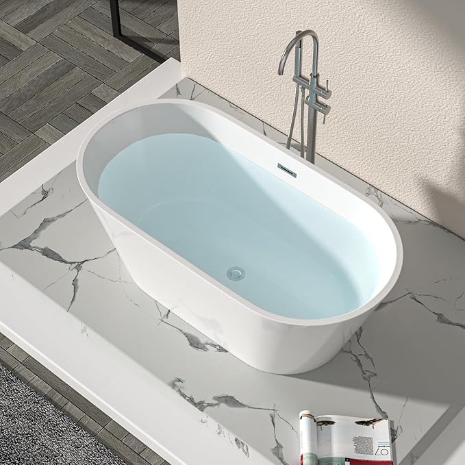 Logmey 59" Acrylic Freestanding Bathtub White Oval Shape Soaking Tub with Chrome Drain & Overflow Assembly for Classic Modern Bathrooms
