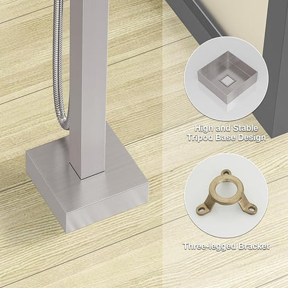 BESy Tub Filler Freestanding Bathtub Faucet Brushed Nickel Floor Mount Tub Faucet Waterfall Free Standing Bathtub Filler High Flow Brass Bath Shower Faucets with Handheld Sprayer