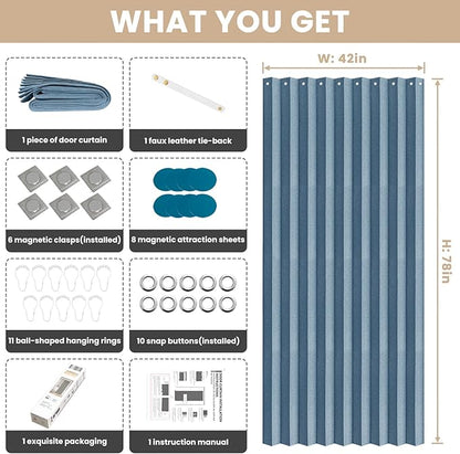 100% Blackout Fabric Folding Door Curtain with Magnetic Closure - Accordion Style for Sliding Doors, Closets,Wardrobe and Temporary Door Solutions Doorway Curtains（W42 x L78, Blue 1 Panel）