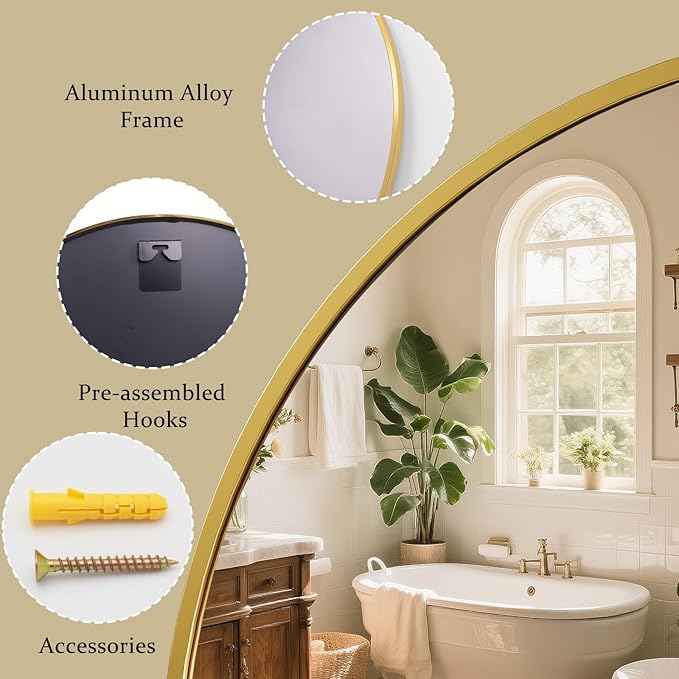 42 Inch Round Gold Metal Wall Mirror - Stylish Circle Mirror for Entryway, Bathroom, and Living Room Decor | Matte Gold Circle Wall Mirror