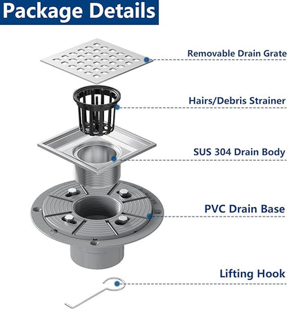 Neodrain Square Shower Drain,4 inch Stainless Steel 304 Grate and PVC Drain Body, Grate with Brushed Nickel Finish, Kit Includes Hair Trap/Strainer,Lifting Hook and PVC Drain Base