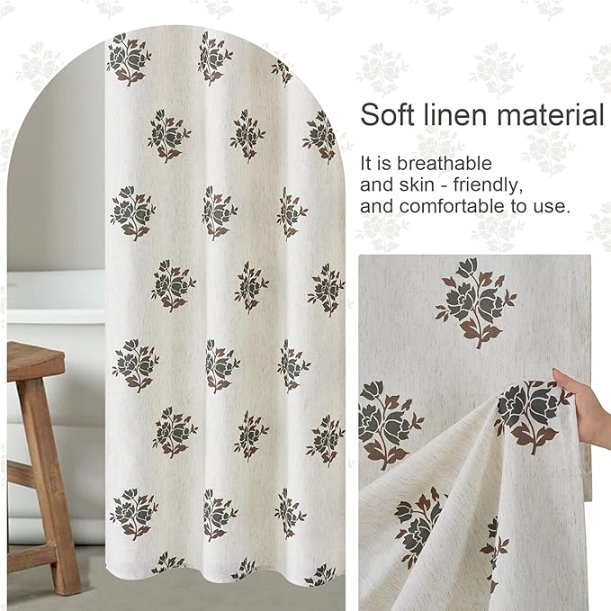 ORTIGIA Linen Green Shower Curtains for Bathroom Neutral Farmhouse Block Print Shower Curtain Set with Metal Hooks Waterproof Aesthetic Retro Fabric Bath Curtain for Home, Weighted, 72x72