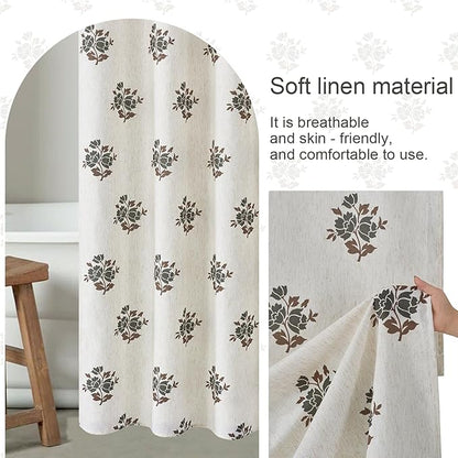 ORTIGIA Linen Green Shower Curtains for Bathroom Neutral Farmhouse Block Print Shower Curtain Set with Metal Hooks Waterproof Aesthetic Retro Fabric Bath Curtain for Home, Weighted, 72x72