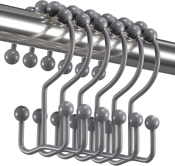 Titanker Shower Curtain Hooks Rings, Rust-Resistant Metal Double Glide Shower Hooks for Bathroom Shower Rods Curtains, Set of 12 Hooks - Neutral Gray