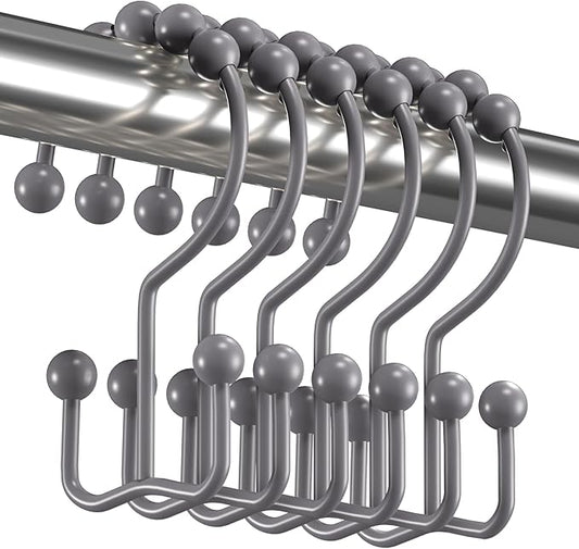 Titanker Shower Curtain Hooks Rings, Rust-Resistant Metal Double Glide Shower Hooks for Bathroom Shower Rods Curtains, Set of 12 Hooks - Neutral Gray