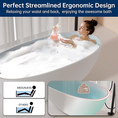 61'' Resin Stone Soaking Bathtub Oval Solid Surface Freestanding Soaking Bathtubs Matte White Soaking Tub with Overflow and Pop up Drain - White…