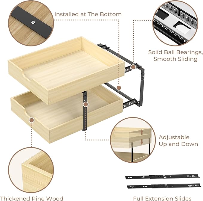 COOLBEBE 2 Tier Pull Out Drawers for Cabinets，17"W x 21"D Double Tier Slide Out Wood Drawer Shelf Organizer, Soft Close Cabinet Pull Out Shelves in Kitchen, Pantry