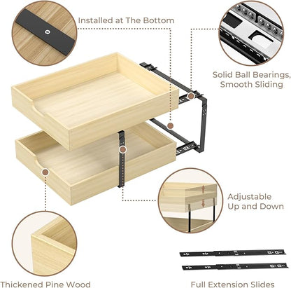 COOLBEBE 2 Tier Pull Out Drawers for Cabinets，17"W x 21"D Double Tier Slide Out Wood Drawer Shelf Organizer, Soft Close Cabinet Pull Out Shelves in Kitchen, Pantry