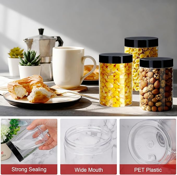 Plastic Jars with Lids,OBKJJ 51 PCS 10 OZ Large Capacity Clear Storage Containers with Leakproof Lids Reusable Empty Storage Container for Dry Food Spice Candy Cookie Household and Kitchen Organizing