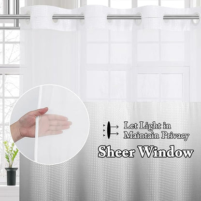 Gibelle No Hook Waffle Weave Shower Curtain with Snap-in Fabric Liner Set for Bathroom, Hotel Style with Mesh Top Window, Waterproof & Washable, Ombre Grey, 72x74