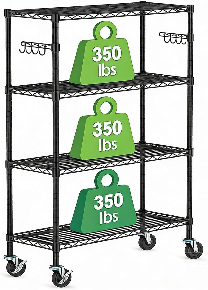 Storage Wire Shelving with Wheels 4-Tier Heavy Duty Garage Shelves Unit Metal Rolling Adjustable Organizer Rack Steel Wire Industrial Shelving for Kitchen Garage Pantry Office Bathroom
