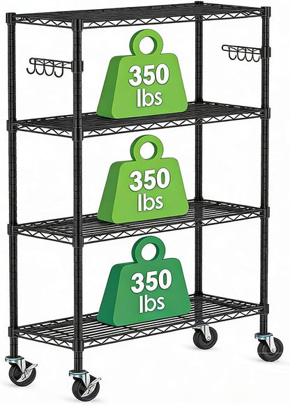 Storage Wire Shelving with Wheels 4-Tier Heavy Duty Garage Shelves Unit Metal Rolling Adjustable Organizer Rack Steel Wire Industrial Shelving for Kitchen Garage Pantry Office Bathroom