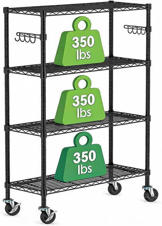 Storage Wire Shelving with Wheels 4-Tier Heavy Duty Garage Shelves Unit Metal Rolling Adjustable Organizer Rack Steel Wire Industrial Shelving for Kitchen Garage Pantry Office Bathroom