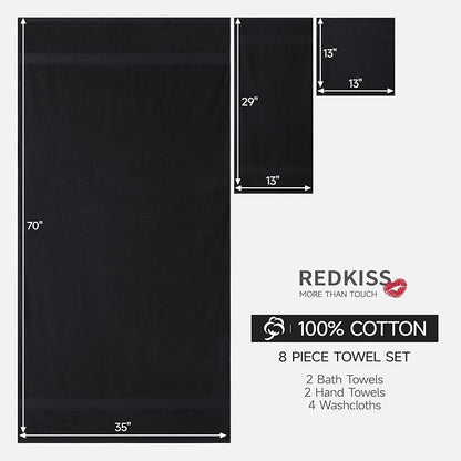 REDKISS Luxury 100% Cotton 8 Piece Bath Towel Sets, 2 Bath Sheets (35x70 in), 2 Hand, 4 Washcloths, Super Absorbent & Quick-Dry Shower Towel for Bathroom Spa Gym Hotel Yoga - Black