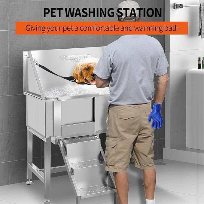 38" Professional Dog Wash Station, Stainless Steel Dog Grooming Tub for Large, Medium & Small Pets - with Anti-Slip Stairs, Drain & Door, Silver