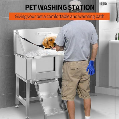 38" Professional Dog Wash Station, Stainless Steel Dog Grooming Tub for Large, Medium & Small Pets - with Anti-Slip Stairs, Drain & Door, Silver