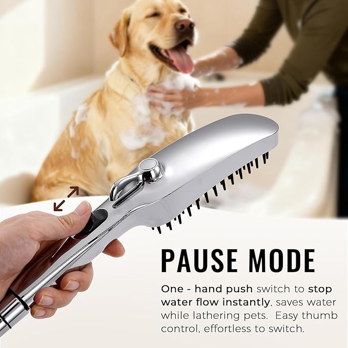 G-Promise 3 Mode Dog Shower Attachment with Pause Mode, Dog shower Sprayer with 100 Inches Stainless Steel Hose, Metal Diverter, Adhesive Holder, for Fast and Easy Dog Bathing and Cleaning(Chrome)