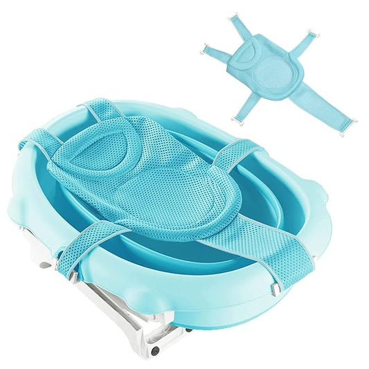 Baby Bath Seat Support Net Soft Headrest Baby Bath Cushion Pad, Breathable Newborn Infant Bathtub Shower Mesh Mat, Adjustable Shower Pad Portable Anti-Slip Bath Sling 0-18 Months, Blue (No Bathtub)
