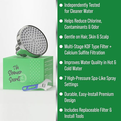 Lab Tested Chlorine Reducing Filtered Shower Head For Improved Hair & Skin. Great For Dry Itchy Skin, Dandruff, Eczema. Multi Stage Calcium Sulfite Filter. 7 Spray Spa Setting. Filter For Hard Water