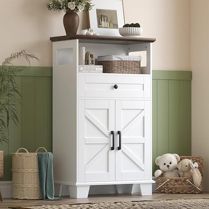 Farmhouse Bathroom Storage Cabinet with Drawer & Adjustable Shelves, White 23.6" Wide Freestanding Floor Cabinet, Barn Door, Sturdy Wood, for Kitchen, Entryway (23.6 * 11.8 * 39.3" (Floor))