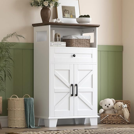 Farmhouse Bathroom Storage Cabinet with Drawer & Adjustable Shelves, White 23.6" Wide Freestanding Floor Cabinet, Barn Door, Sturdy Wood, for Kitchen, Entryway (23.6 * 11.8 * 39.3" (Floor))