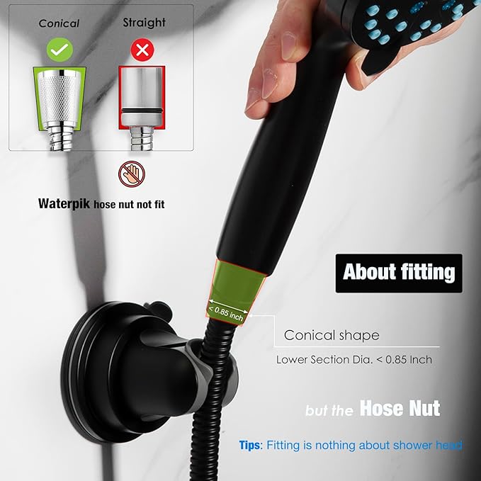 Hand held Showerhead Holder Wall Mounted with Suction Cup - Reusable- Wide Anlge Adustable Shower Hose Holder (Matte Black)