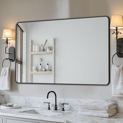 Antok Bathroom Mirror,60"x30" Wall Mirror, Decorative Mirrors Vanity Mirror Aluminum Alloy Frame Contemporary Hanging Mirror for Living Room Bathroom Entryway,Black,Round Corner