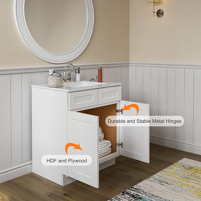 ROOMTEC Bathroom Cabinet, 36'' Free Standing Single Bathroom Vanity with 2 False Drawers and 2 Doors,Morden Bathroom Sink Vanity Storage Cabinet, Shaker White