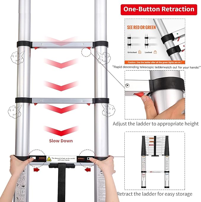 Telescoping Ladder,with Stable Hook and stabilizer barand,Extension Ladder, Heavy Duty 330lbs Max Capacity, Multi-Purpose Collapsible Ladder for RV or Outdoor Work (Aluminum, 12.5FT/3.8M(A-Button))