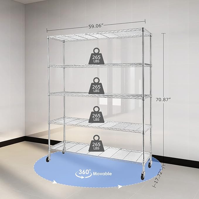 BNSPLY Commercial Wire Shelving Unit with Wheels, 5 Tier Adjustable Wire Shelves with NSF Certified, Heavy Duty Metal Storage Rack Shelf Unit for Kitchen, Garage (17.7" D x 59" W x 71" H, Chrome)