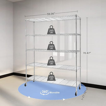 BNSPLY Commercial Wire Shelving Unit with Wheels, 5 Tier Adjustable Wire Shelves with NSF Certified, Heavy Duty Metal Storage Rack Shelf Unit for Kitchen, Garage (17.7" D x 59" W x 71" H, Chrome)