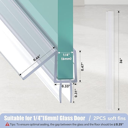2-Pack Shower Door Bottom Seal, (1/4" x 36") Ultra Clear Glass Shower Door Seal Strip, Stop Leaks and Create a Water Barrier